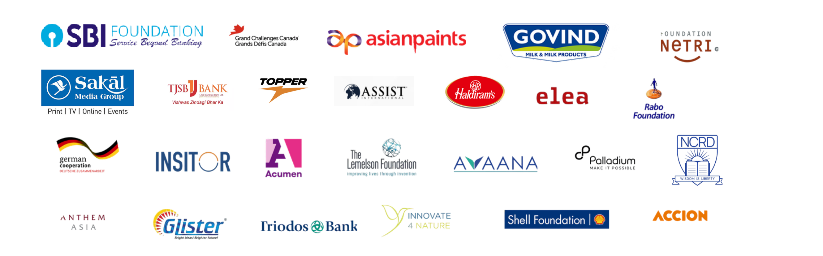 Partner organisations including SBI Foundation, Asian Paints, Grand Challenges Canada, Haldiram's, Shell Foundation, Accion, Triodos Bank, Palladium, Acumen and more